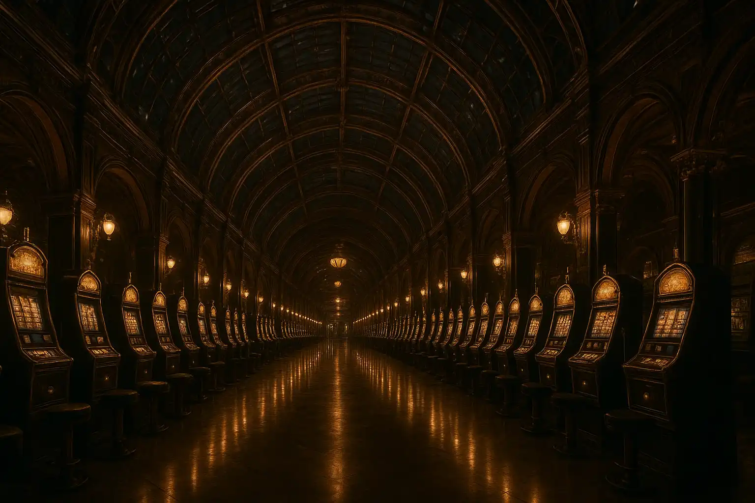 MetroBetz arcade hall with a vaulted glass ceiling and warm brass lighting